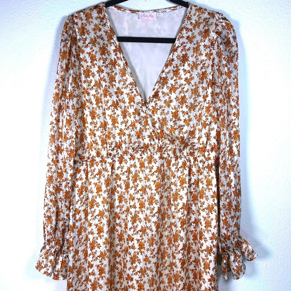 Pink Lily Floral Long Sleeve Midi Dress V‎ Neck Ruffle Cuffs Women's